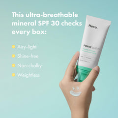 Hand applying Hero Cosmetics Force Shield on back of hand, demonstrating fast-absorbing finish