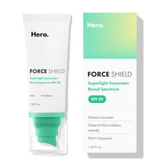 Hero Cosmetics front packaging of Force Shield SPF 30 showing tube and cap, compact protection