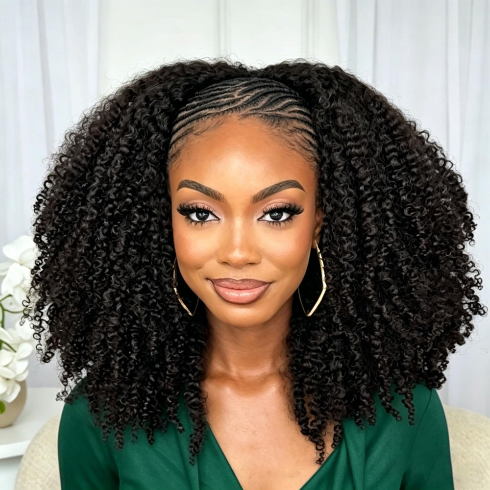 Hertune front view half wig showing full volume and instant styling benefit