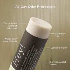 Hey Humans ingredient detail with arrowroot powder coconut oil and rosemary highlighting odor control