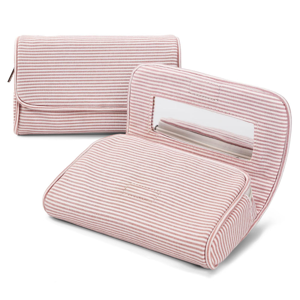 Hibilog front view of light pink stripe pouch showing compact design and organized look