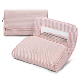 Hibilog front view of light pink stripe pouch showing compact design and organized look