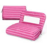 Hibilog front view pink stripe showing stylish compact cosmetic bag
