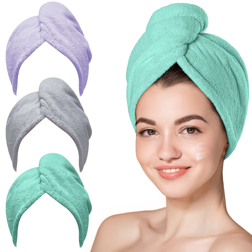 Hicober 3-pack front view showing green purple and grey towels, fast drying benefit