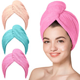 Hicober hair towel wrap front view showing three colors and fast drying benefit