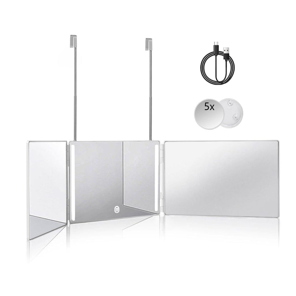 HIEEY front view trifold mirror with LEDs showing wide-angle benefit