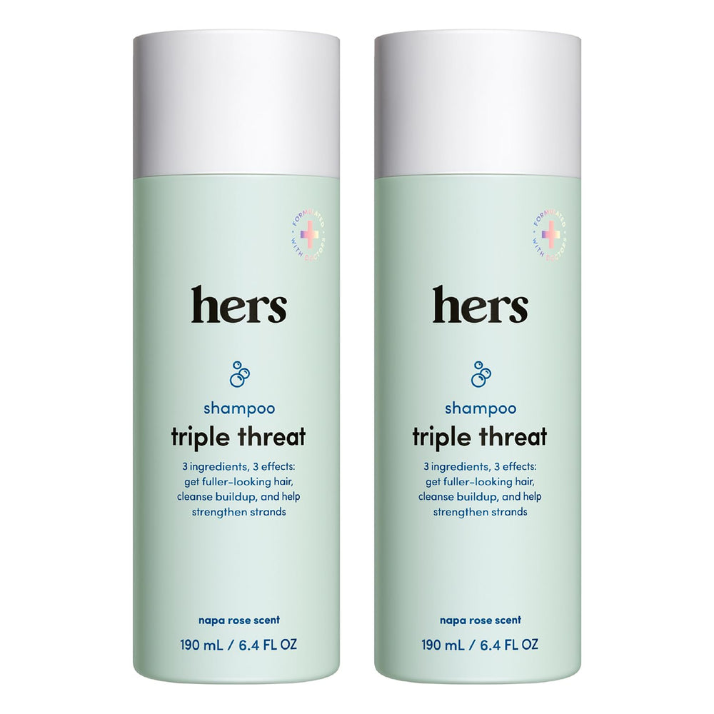 HERS Triple Threat shampoo front packaging showing bottle and branding for fuller hair