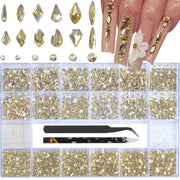 HNUIX front packaging showing 600-piece champagne gold gem kit, ideal for varied nail looks