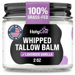 HolyCow jar front view showing lavender-vanilla label and calming scent benefit
