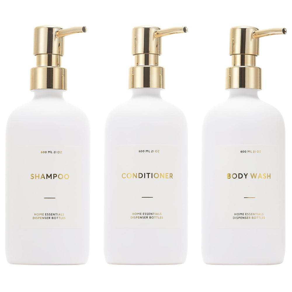 HOMCDALY front view of three white gold pump bottles for neat bathroom storage