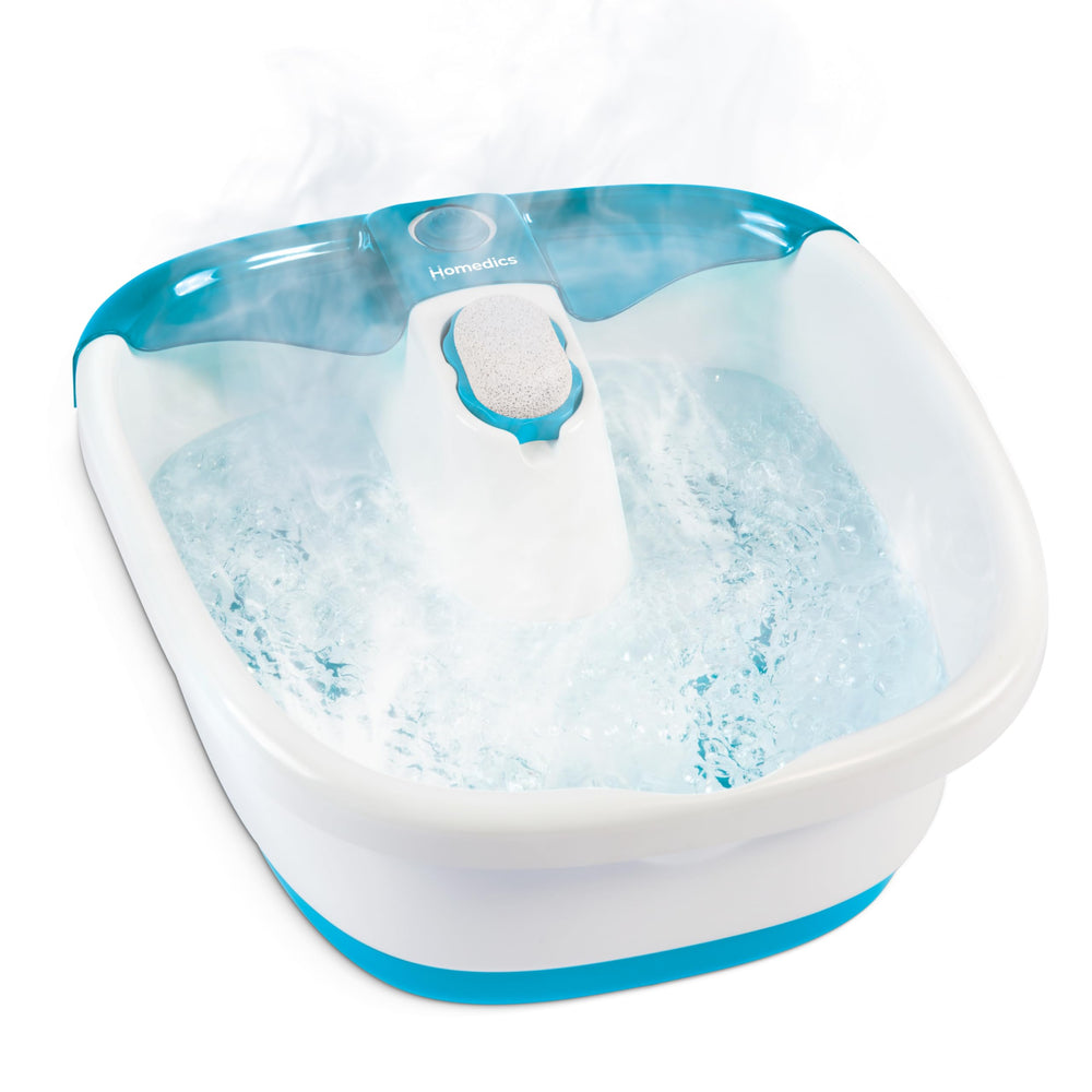 HoMedics front view of Bubble Mate foot spa showing full unit and branding, clear setup benefit
