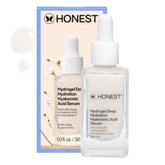 Honest Beauty front packaging showing serum bottle and label, clear hydration benefit