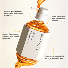 HONEYQUE pump dispensing shampoo texture showing easy application benefit