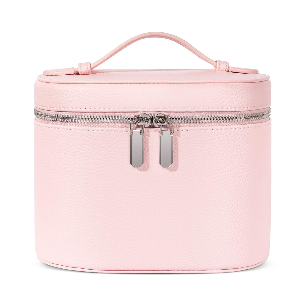 honitty front view pink makeup bag showing overall shape and zipper convenience