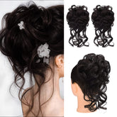 HOOJIH front view of two-piece messy bun set showing compact packaging and styling options