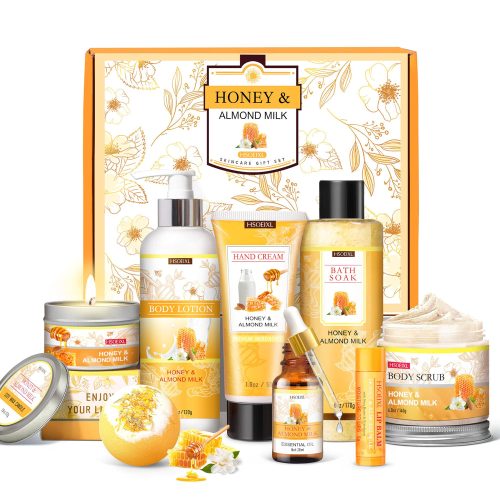 HSOEIXL gift box front view with organized spa items, ideal presentation