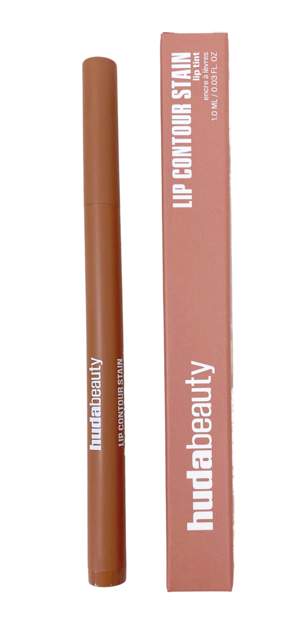 Huda lip contour stain front packaging showing product and shade labeling for quick choice