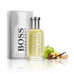Hugo Boss Bottled front bottle showing sleek glass and label, conveys polished style