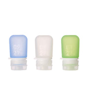 humangear GoToob mini front view showing three TSA-friendly bottles for organized travel