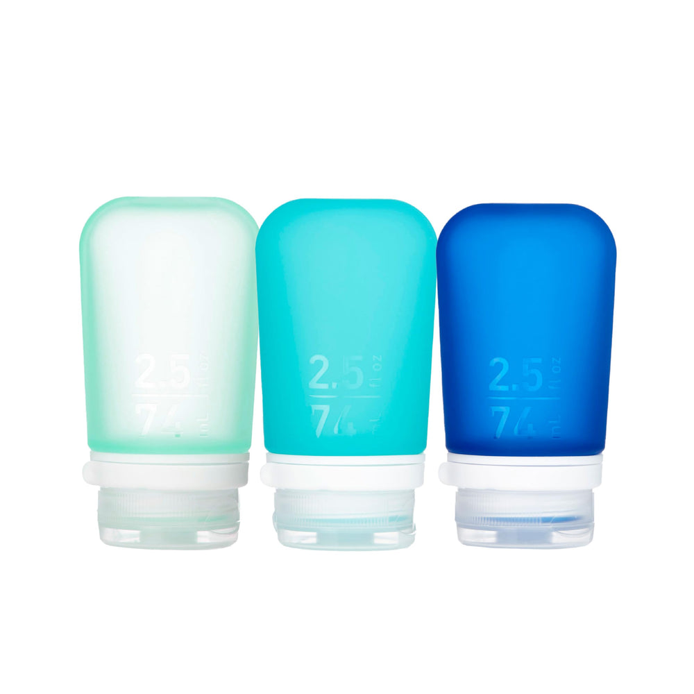 humangear GoToob+ front view showing three colors and capacity, highlights portability