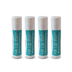Hyalogic front packaging showing four fragrance-free lip balm sticks for reliable hydration