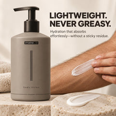 Hand applying HygieneLab lotion emphasizing fast absorbency and smooth feel