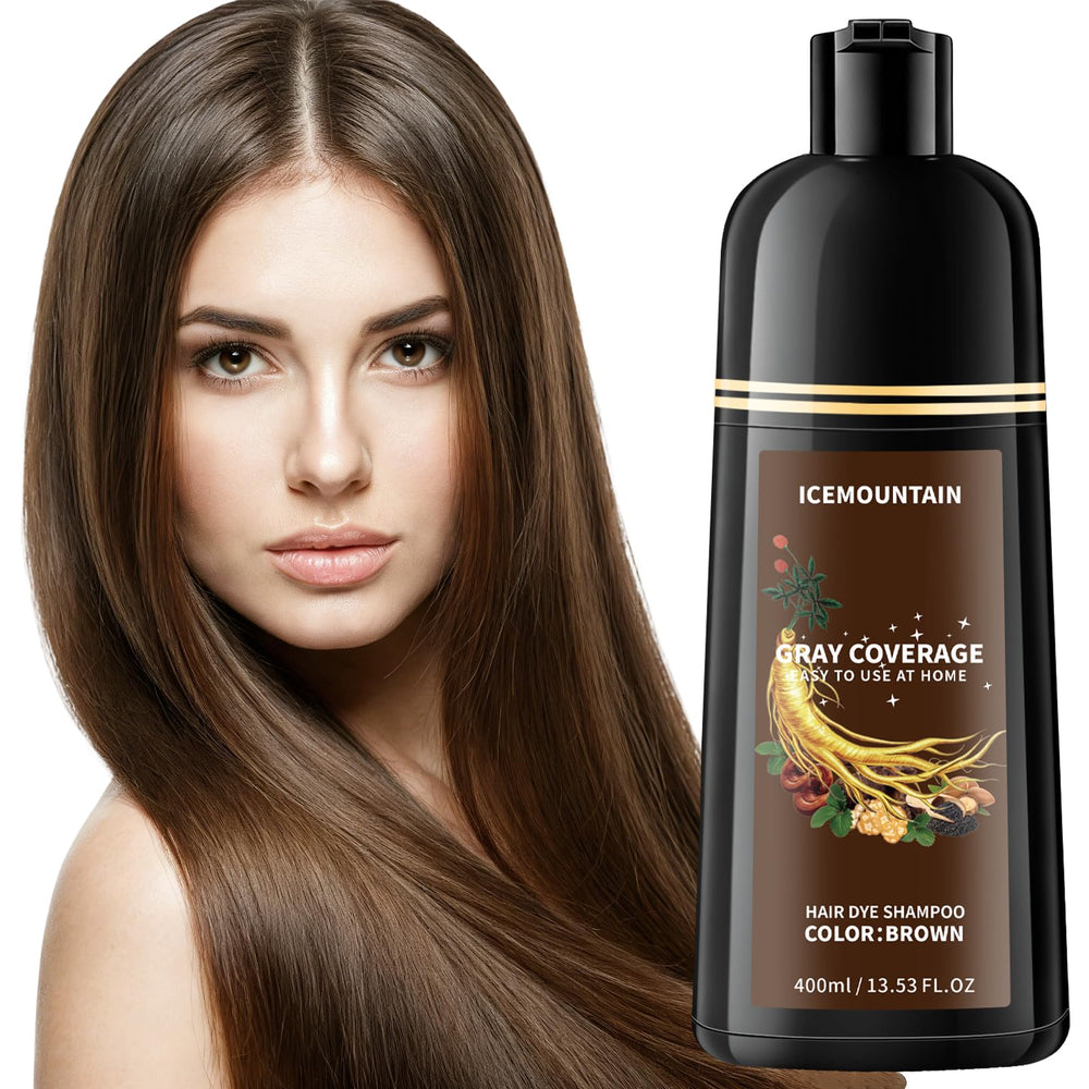ICEMOUNTAIN bottle front view showing brown dye shampoo and easy at-home use benefit