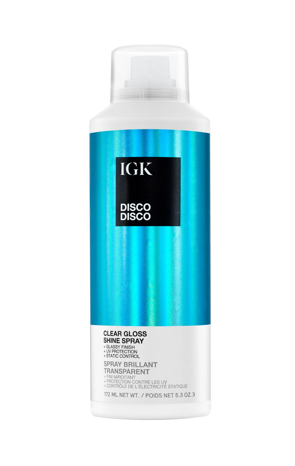IGK bottle front view showing sleek packaging and clear gloss benefit
