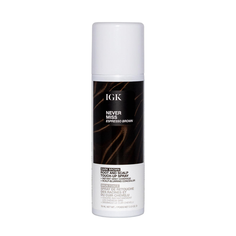 IGK front packaging of Never Miss spray showing product and shade benefits