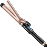 IKV curling iron front view showing extra long barrel and controls for faster styling