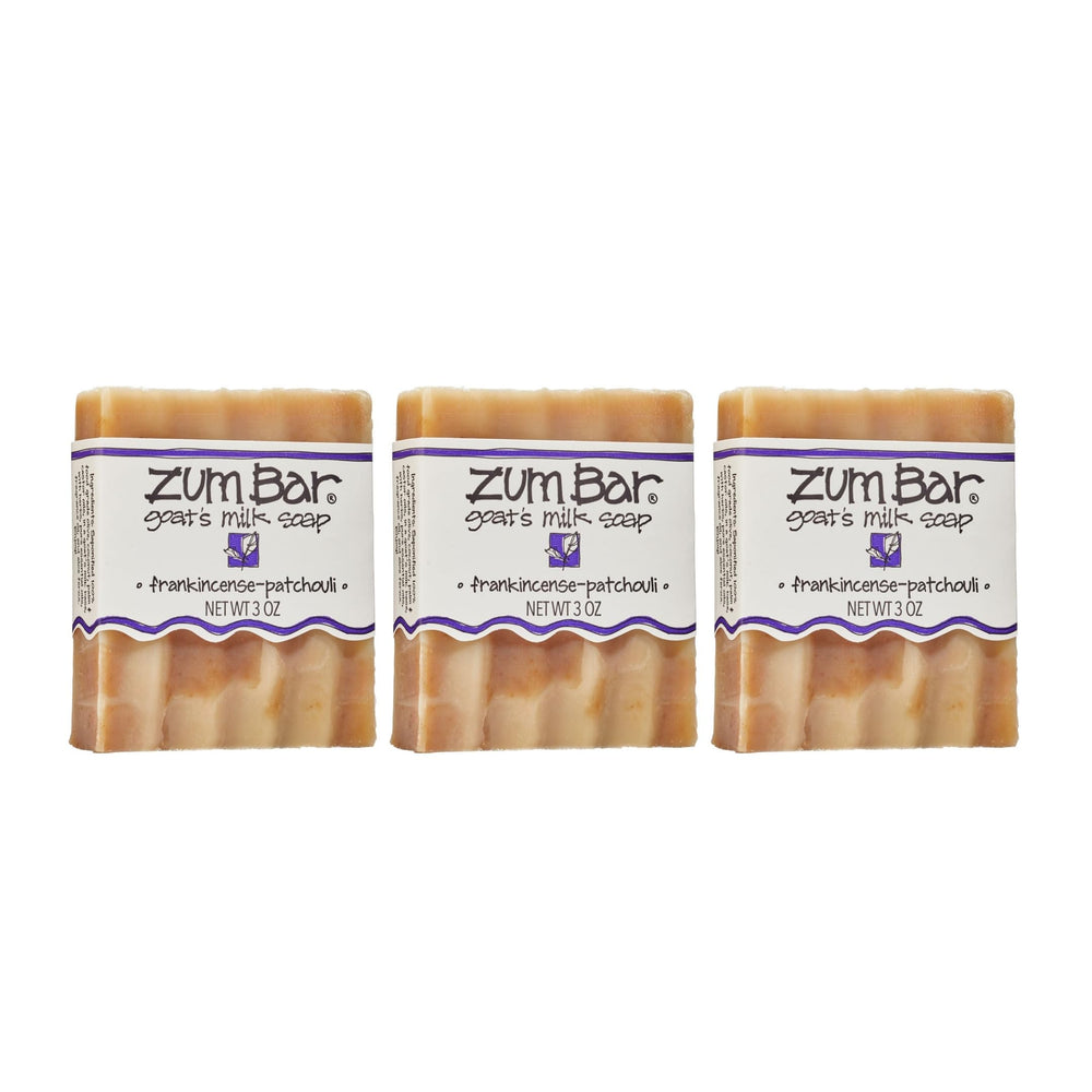 indigo wild front packaging showing three frankincense-patchouli bars and benefits