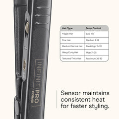 INFINITIPRO BY CONAIR in use smoothing hair to demonstrate straight and curled styling