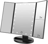 Infitrans vanity mirror front view showing trifold design and bright LEDs for precise makeup