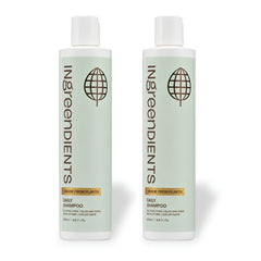 Ingreendients front packaging showing two shampoo bottles and eco benefits