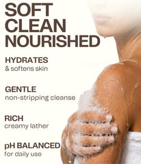 Ingreendients creamy lather in hand demonstrating gentle cleanse
