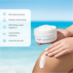 Demonstration applying Inis body butter to skin to show hydration benefits