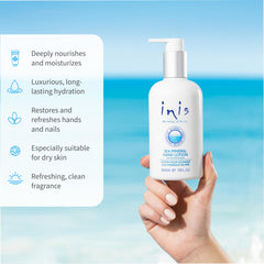 Inis hand lotion label closeup showing ingredients and Irish origin