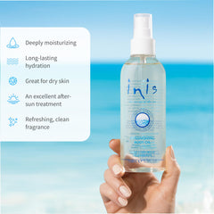 Inis spray in hand applying to arm for quick moisturizing benefit