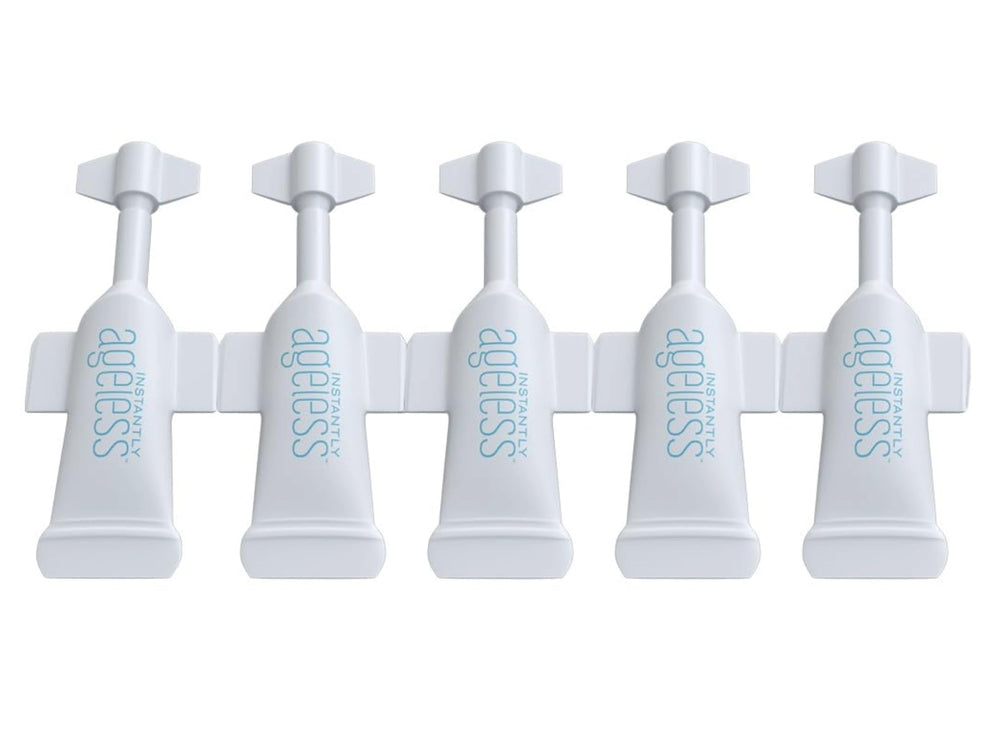 Instantly Ageless front packaging showing compact five-vial box and portability benefit