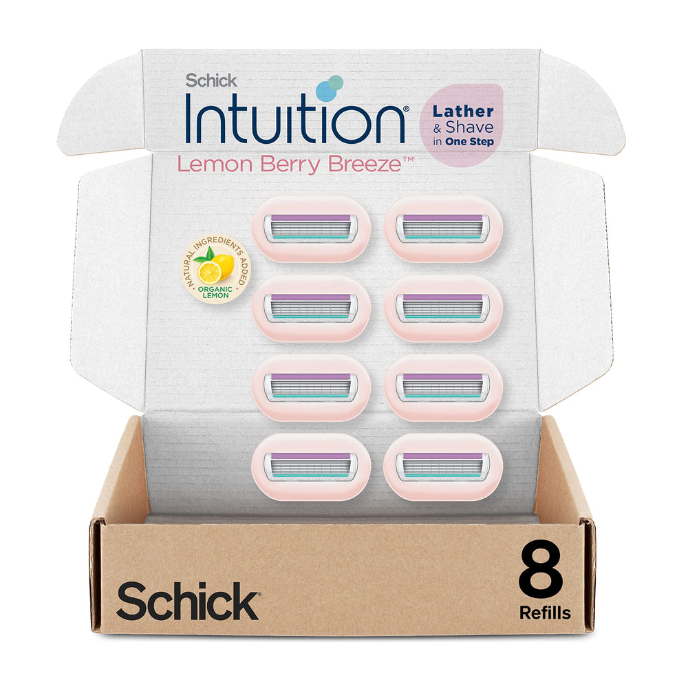 INTUITION front packaging of 8-count refills showing bold lemon-berry scent and benefits