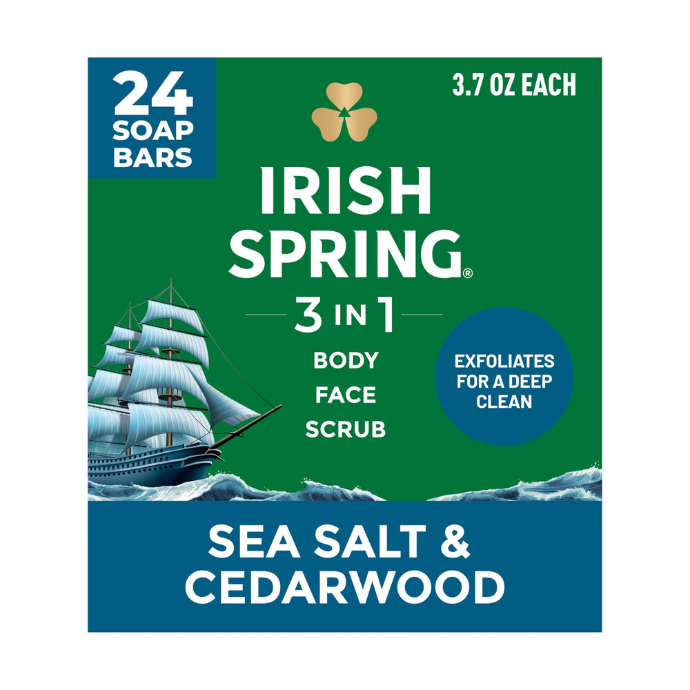 Irish Spring front packaging showing sea salt cedarwood scent and pack size for convenience
