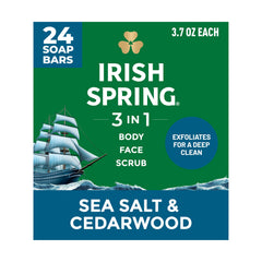 Irish Spring front packaging showing sea salt cedarwood scent and pack size for convenience
