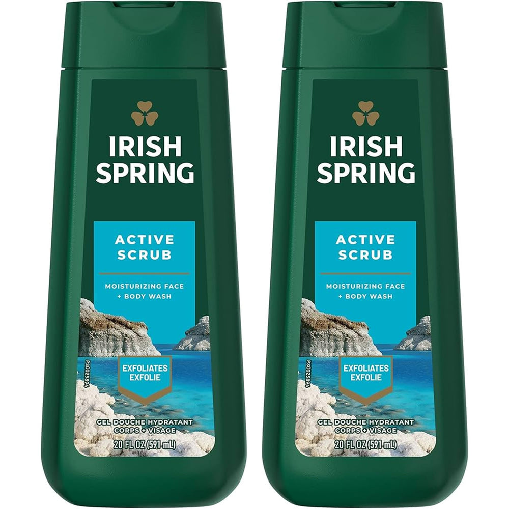 Irish Spring front packaging showing two 20 oz bottles and action scent benefit