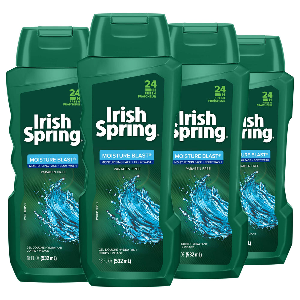 Irish Spring front packaging showing brand and Moisture Blast scent, highlights freshness