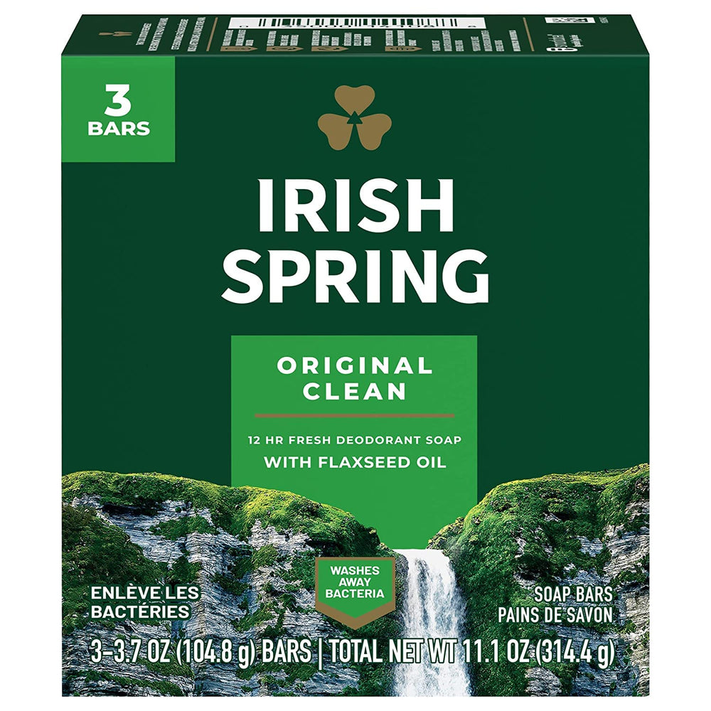 Irish Spring front packaging showing three-bar pack and savings benefit