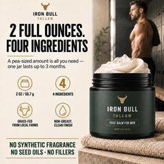 Iron Bull ingredient label highlighting grass-fed tallow and hyaluronic acid clarity