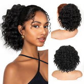 Isaic front view of jet black curly ponytail showing natural blend and instant volume