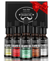 ISNER MILE front packaging showing five scented beard oil bottles benefits variety