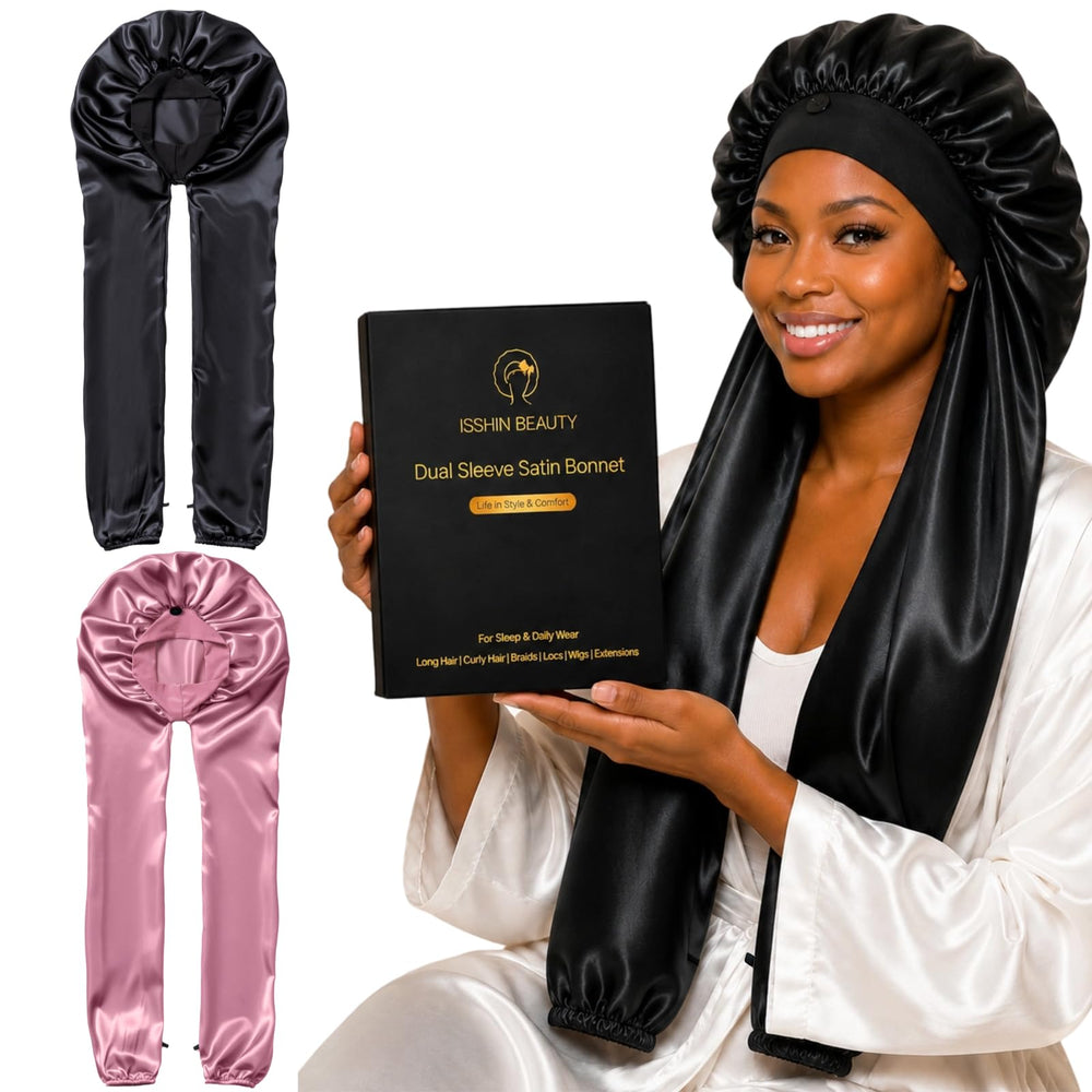 Isshin Beauty bonnet front view showing dual-sleeve shape and secure band benefit