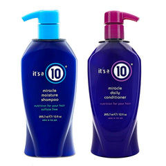 It's a 10 front packaging showing shampoo and conditioner, clear labeling for daily use